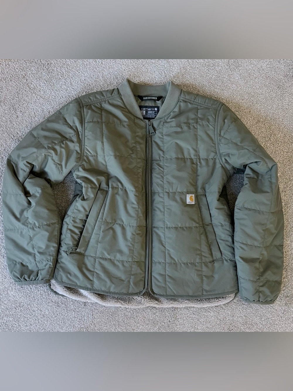 NWOT Women’s Carhartt Olive Green Quilted Fleece Lined Rain Defender Coat Small